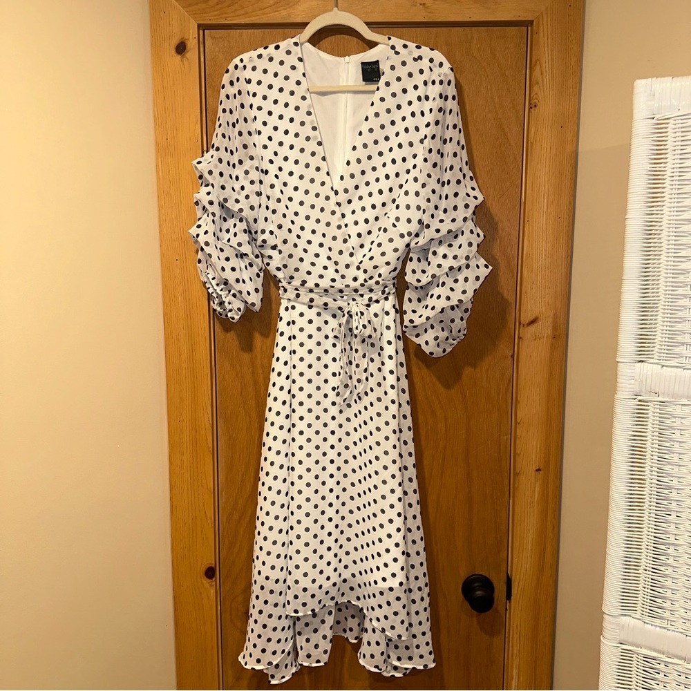 Gabby Skye White and Blue Wrap Sundress with Bishop Sleeves